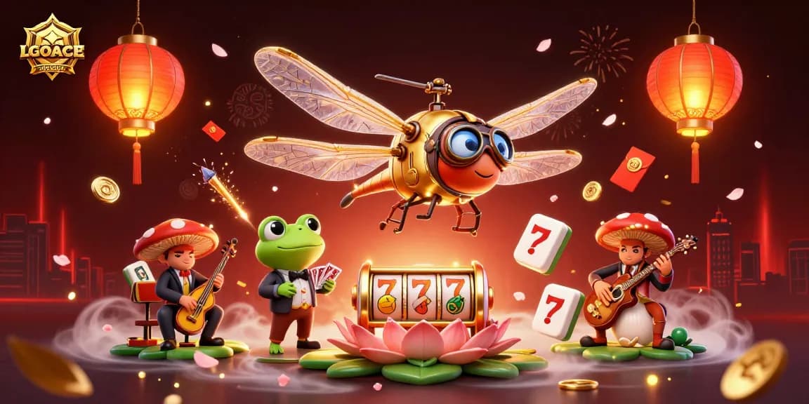 LGOACE casino scene with dragonfly pilot, frog croupier dealing cards, and dynamic gaming elements