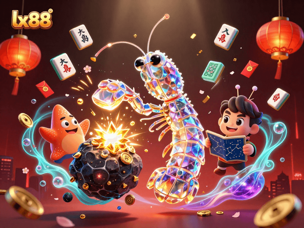 Experience thrilling action at lx88 with a 3D galactic mantis shrimp and a starfish amidst vibrant casino elements.