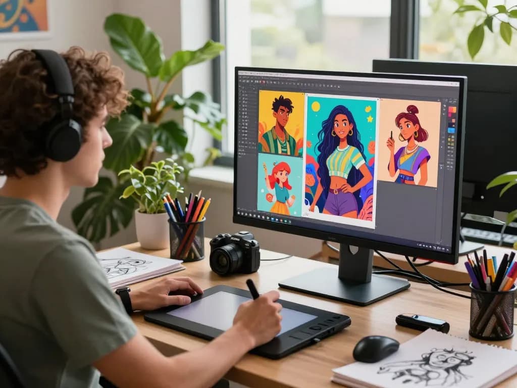 Engaging workspace showing digital artist designing an AI slut character in a vibrant art studio.