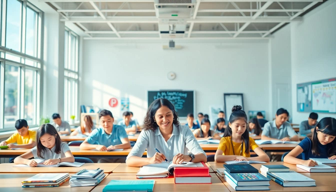 Engaged students in a vibrant classroom learning environment focused on Education activities.