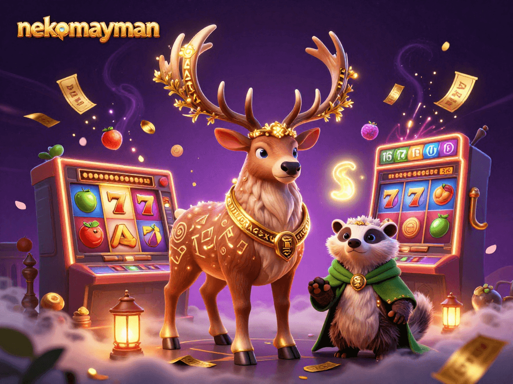 Engage with nekomayman in an exciting casino scene featuring vibrant slot reels and rich magical visuals.