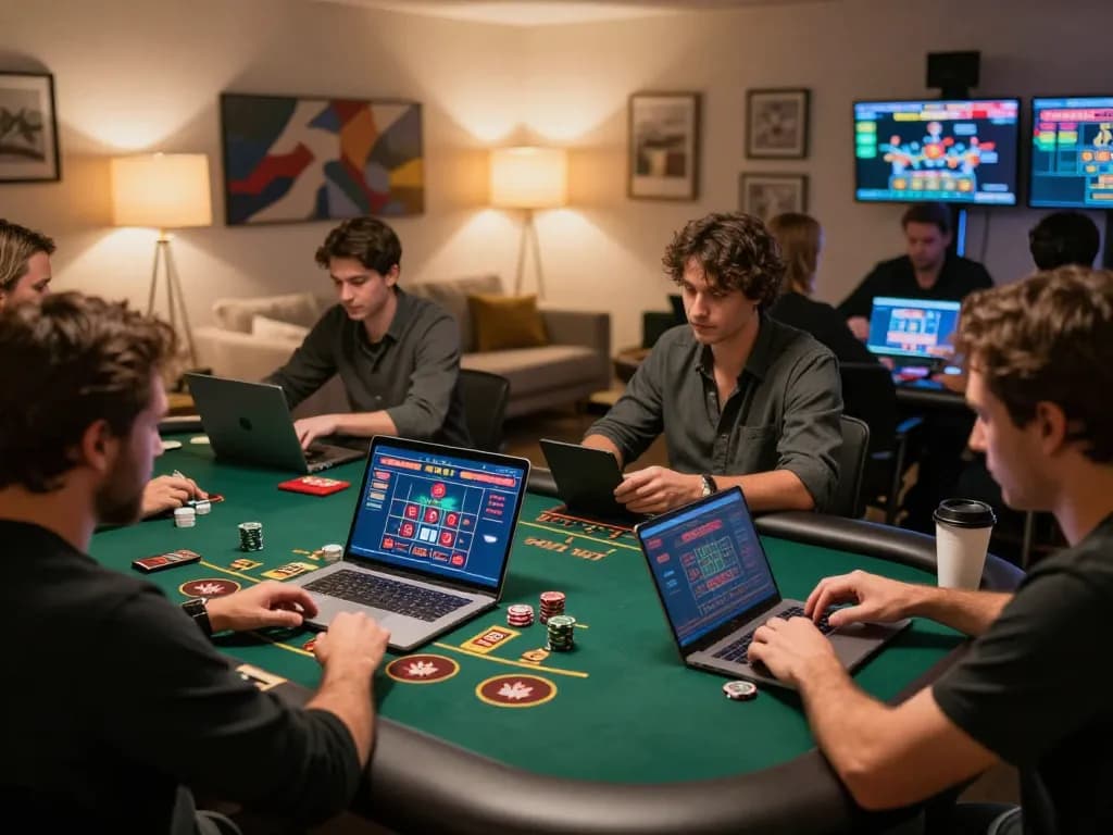 An engaging online gaming scene showcasing players exploring online casinos in Canada reddit on laptops and smartphones.