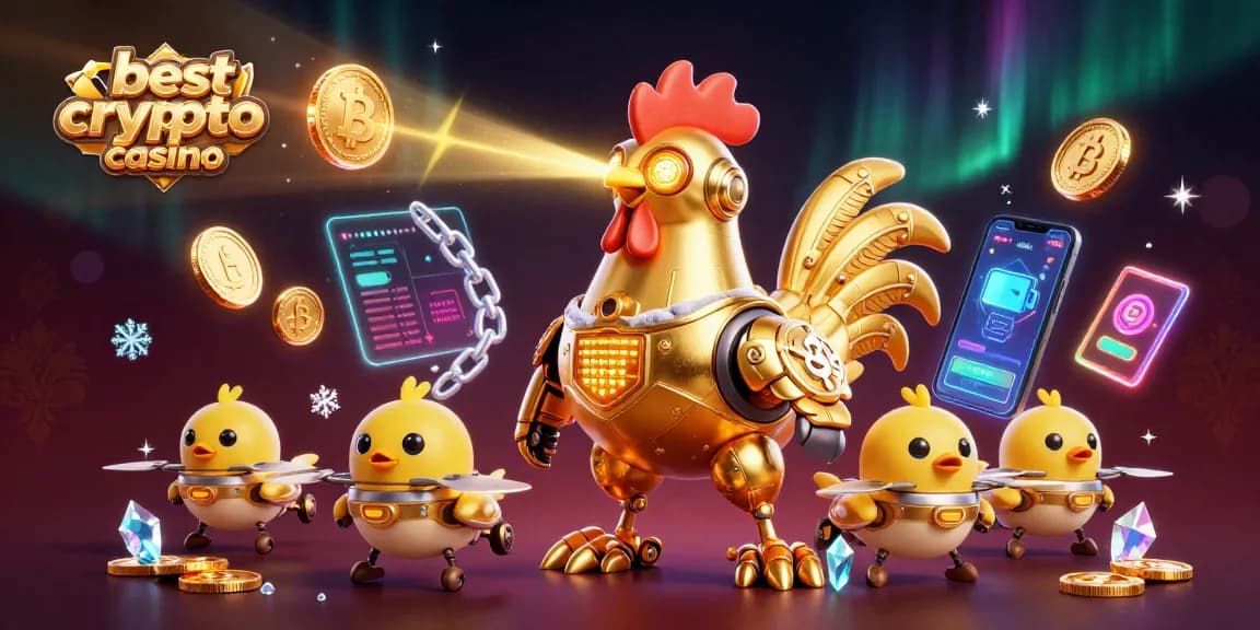 Plongez dans l'univers du meilleur casino crypto avec un robot coq doré et des pièces de monnaie Bitcoin.