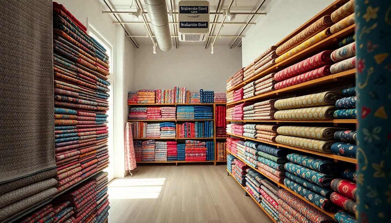 Verken het uitgebreid assortiment brabantse bont stof met kleurrijke patronen in een moderne textielwinkel.