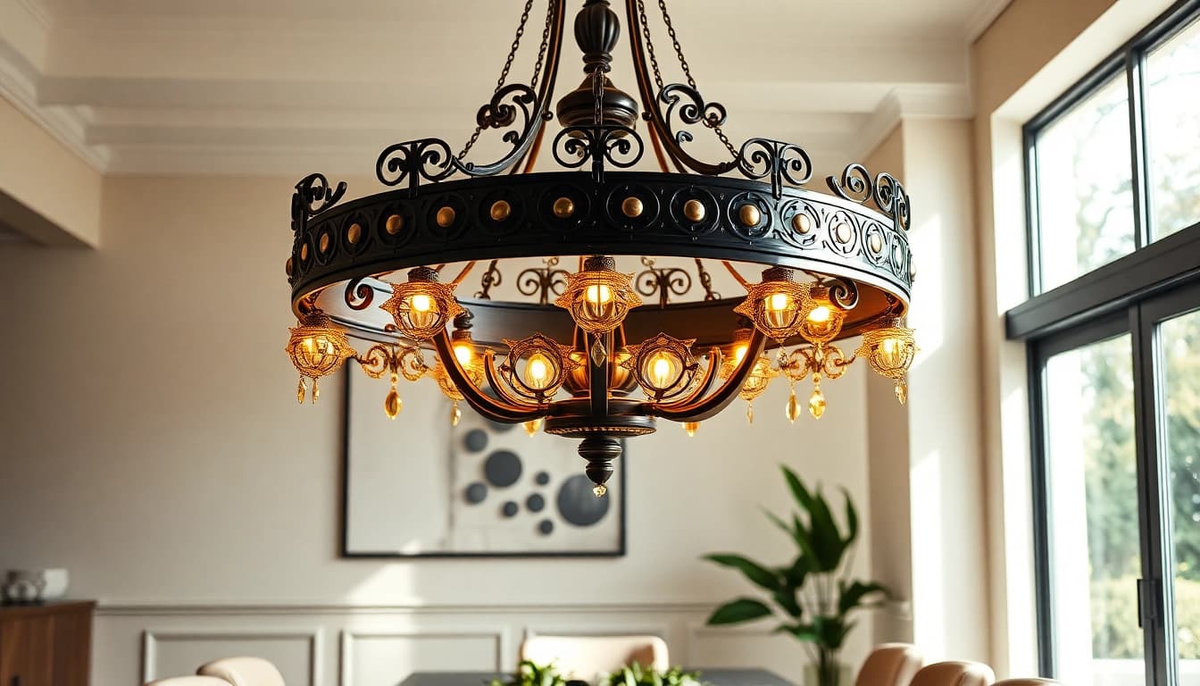 Stylish black and gold light fixture illuminating a modern dining space with elegance.