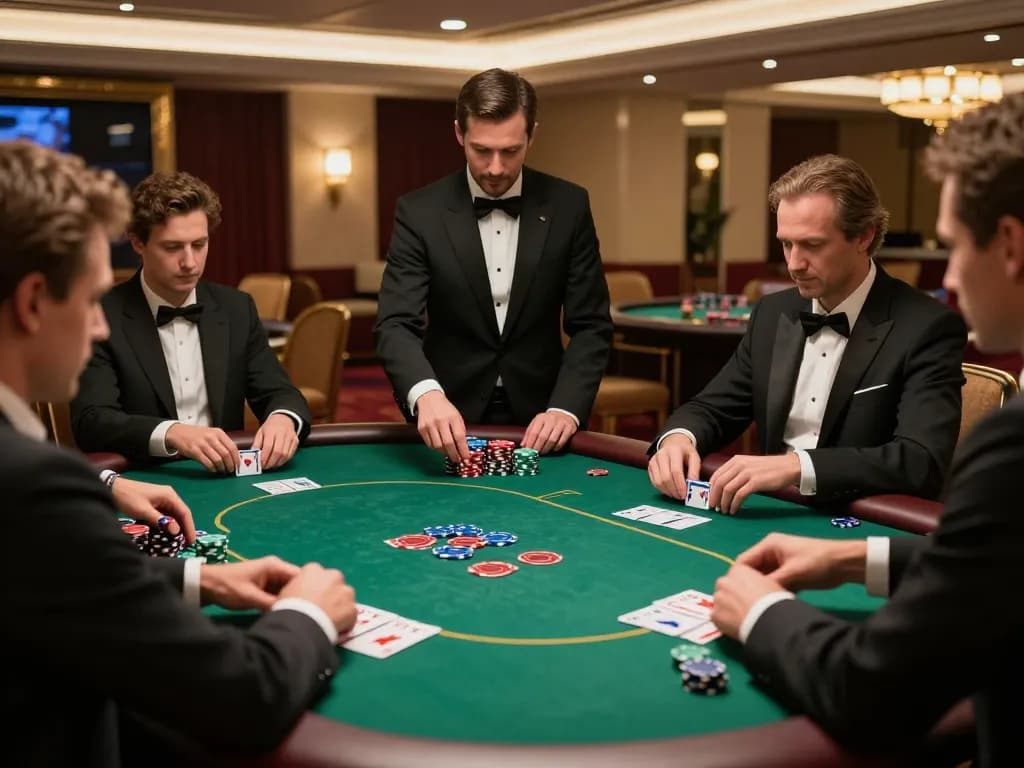 Players strategizing at a poker table while enjoying 8kbet gameplay in an upscale casino.