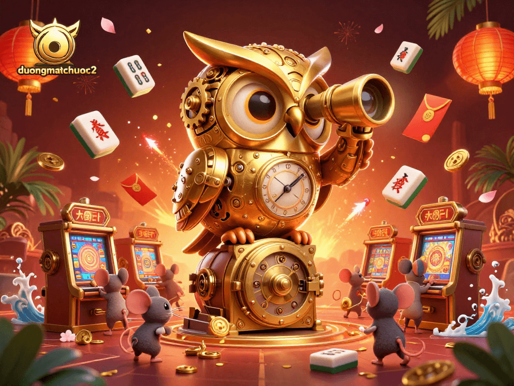 Engage with duongmatchuoc2 by tapping into the vibrant world of casino gaming with a whimsical scene of a golden owl.