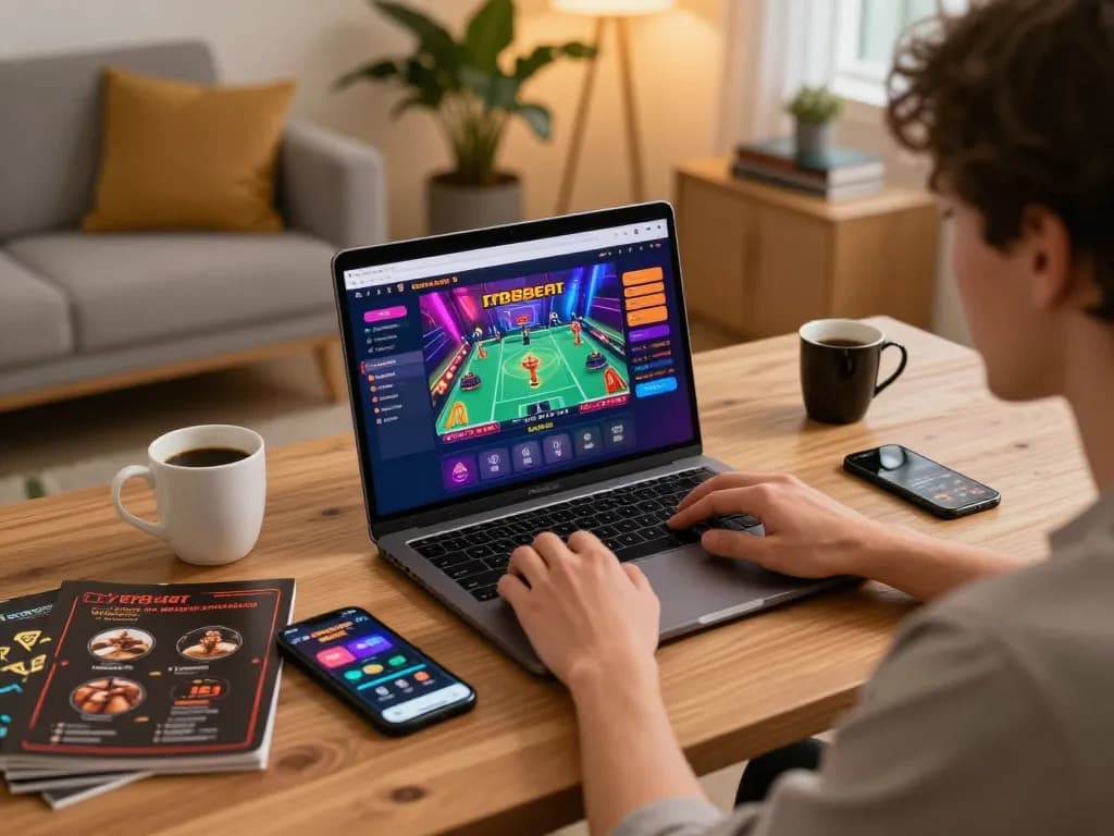 Player engaging with rr88bet online casino on a laptop, showcasing a comfortable home gaming setup with strategy notes.