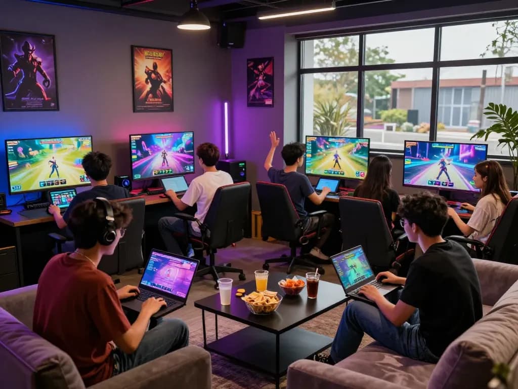 Diverse friends enjoying a free porn game in a vibrant adult gaming lounge