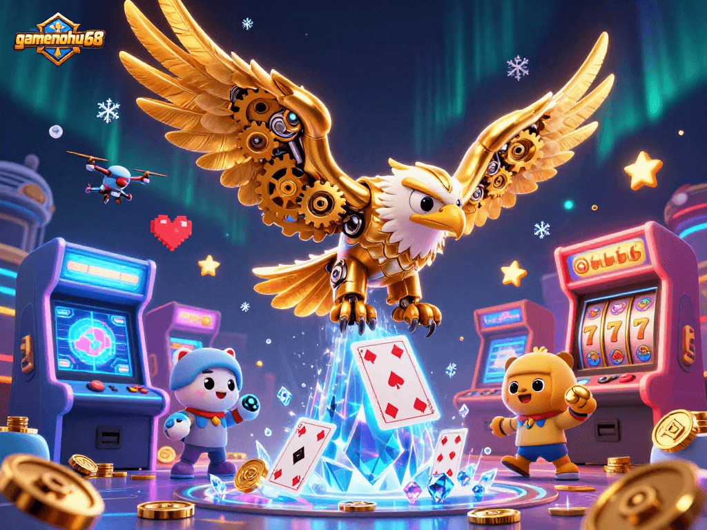 Engage with gamenohu68 through a thrilling 3D casino adventure featuring a cybernetic eagle diving through holographic cards and classic gaming elements.