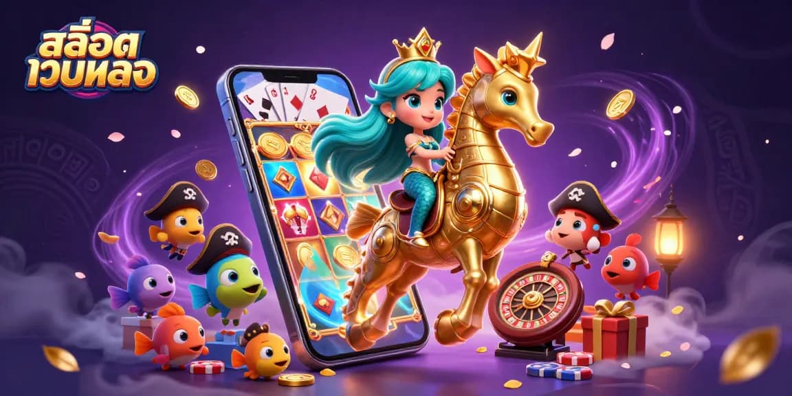 Play exciting slot games at สล็อตเว็บตรง with our colorful 3D casino scene featuring a princess and seahorse.