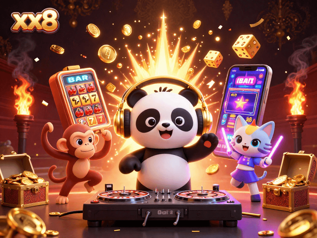 Experience the excitement of xx8 with a vibrant 3D illustration of playful casino characters and jackpots.