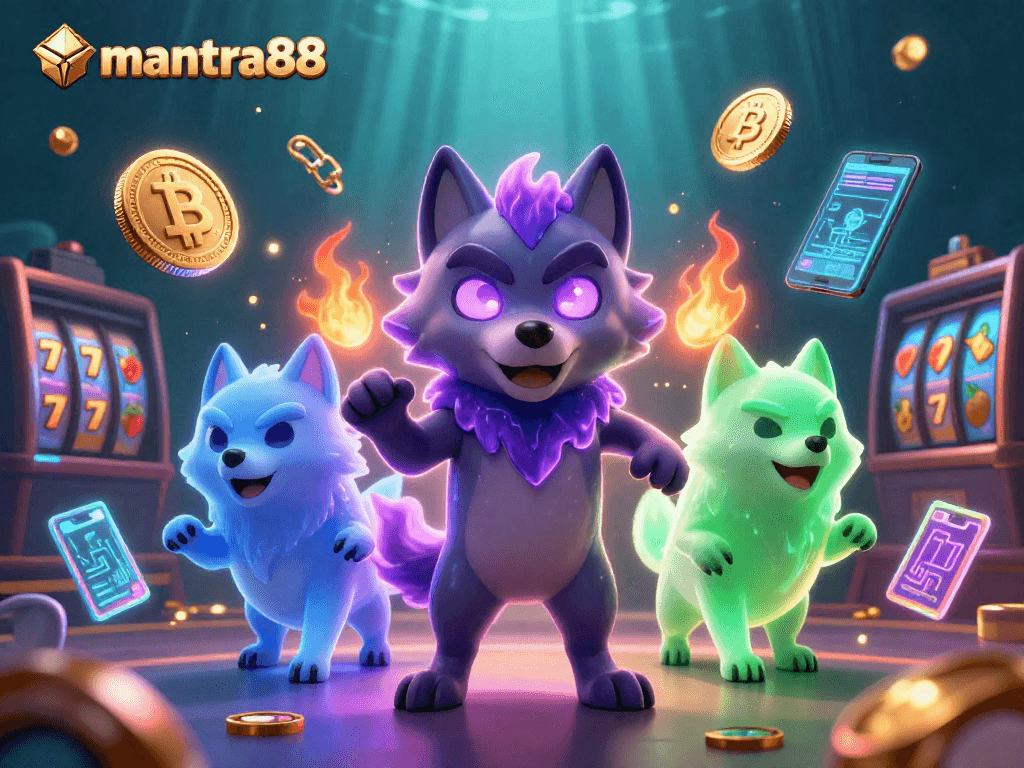 Bet on immersive wins with mantra88's vibrant casino scene filled with ghostly wolves and crypto elements.