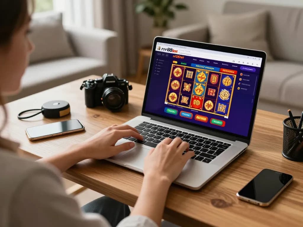 Engaging in rr88bet online gaming setup with a laptop displaying vibrant casino graphics