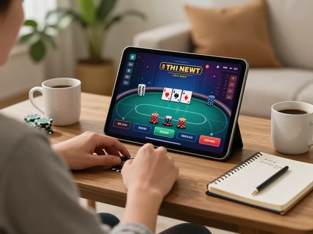 Engaging in a live dealer game on 888top with strategy notes in a cozy home
