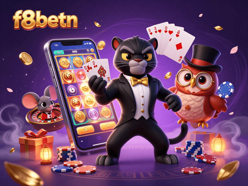 Experience the excitement with f8betn in a vibrant casino scene featuring engaging characters and games.