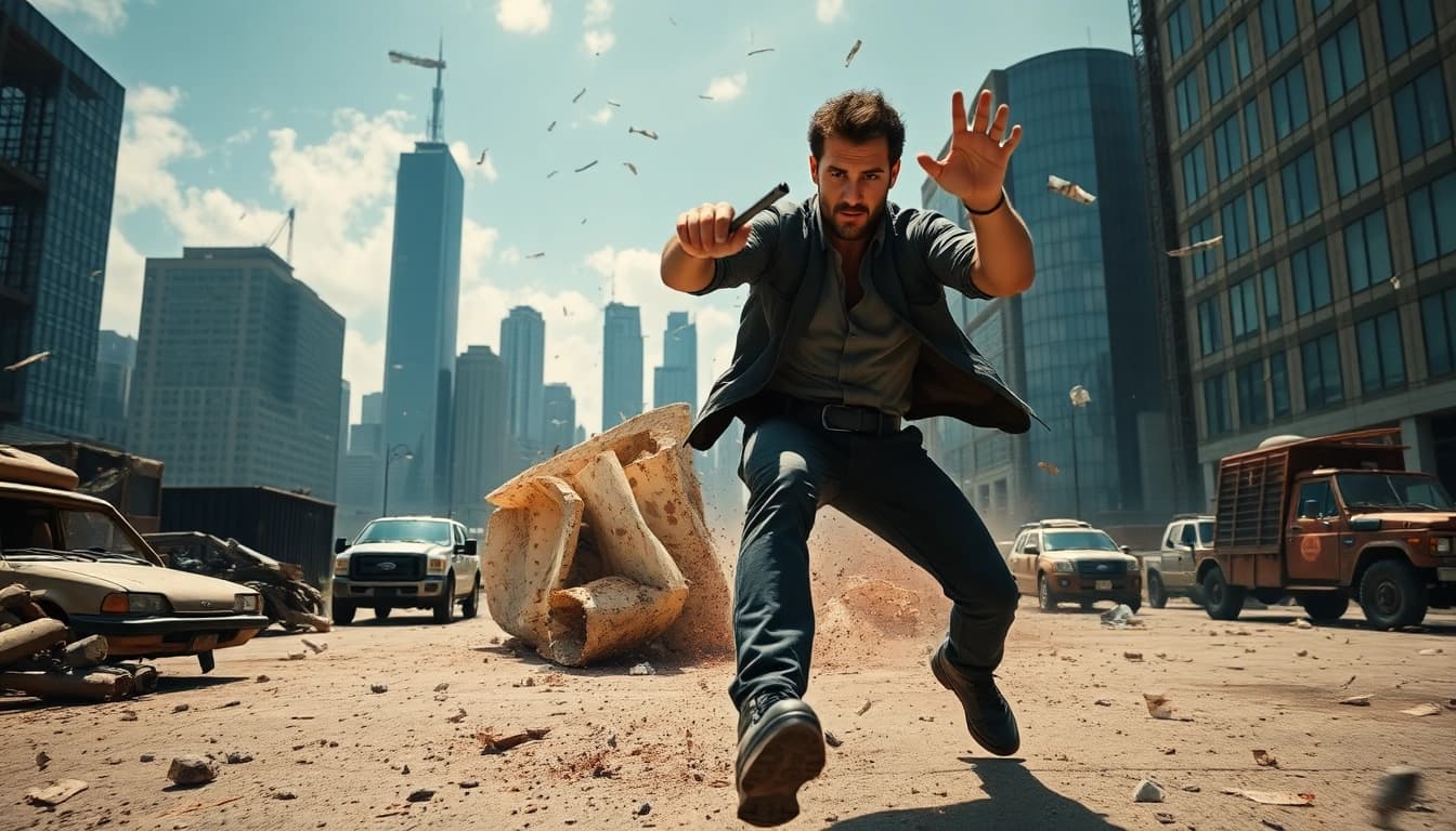 Action-packed scene of a Clean action thriller hero evading danger in a striking urban setting.