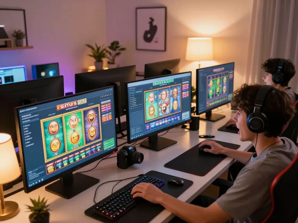 Engaged player exploring situs slot games on multiple screens in a cozy gaming environment