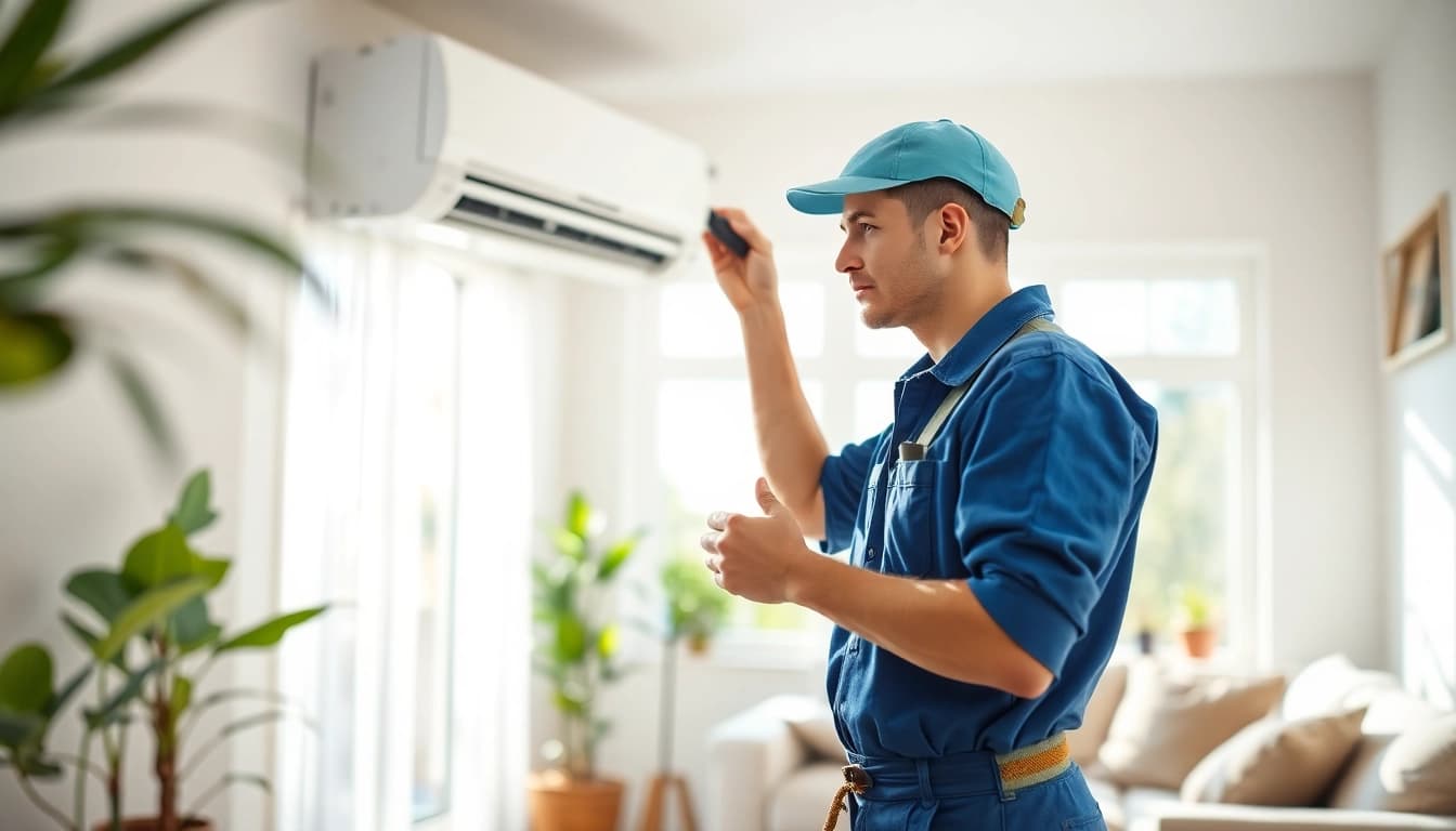 AC repair Glendale AZ by a professional HVAC technician in a sunlit home.