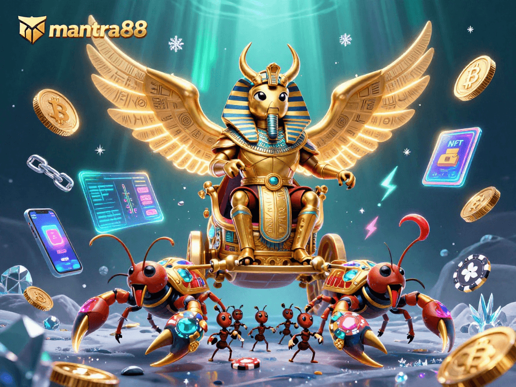 Experience the thrill of mantra88 with a dramatic gambling scene featuring a golden scarab beetle and scorpions.