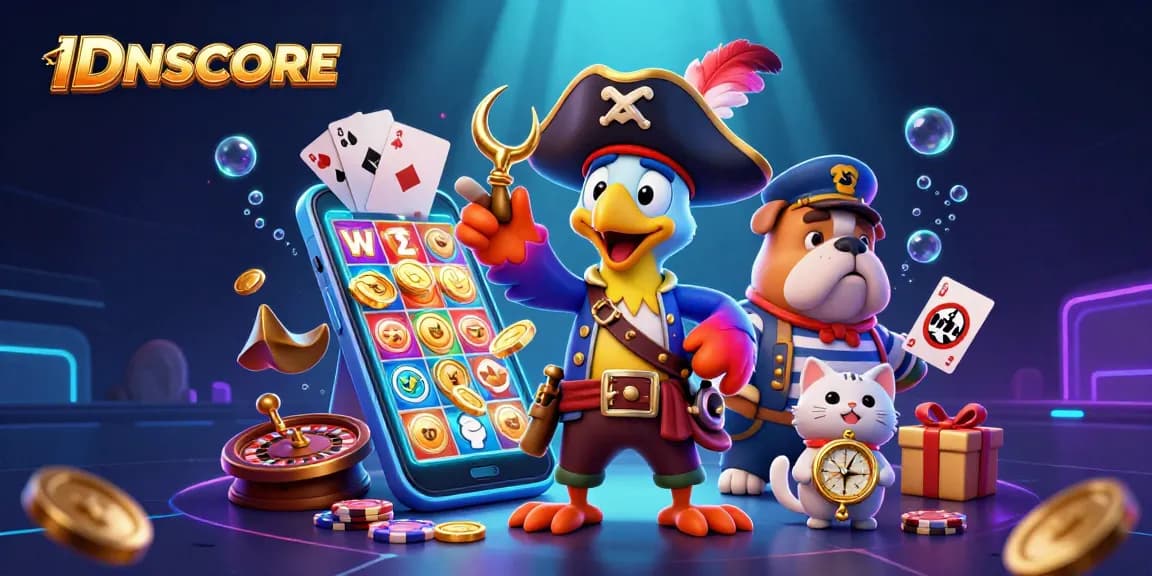 IDNSCORE players enjoy thrilling slot gameplay with pirate-themed characters, golden treasures, and vibrant casino elements