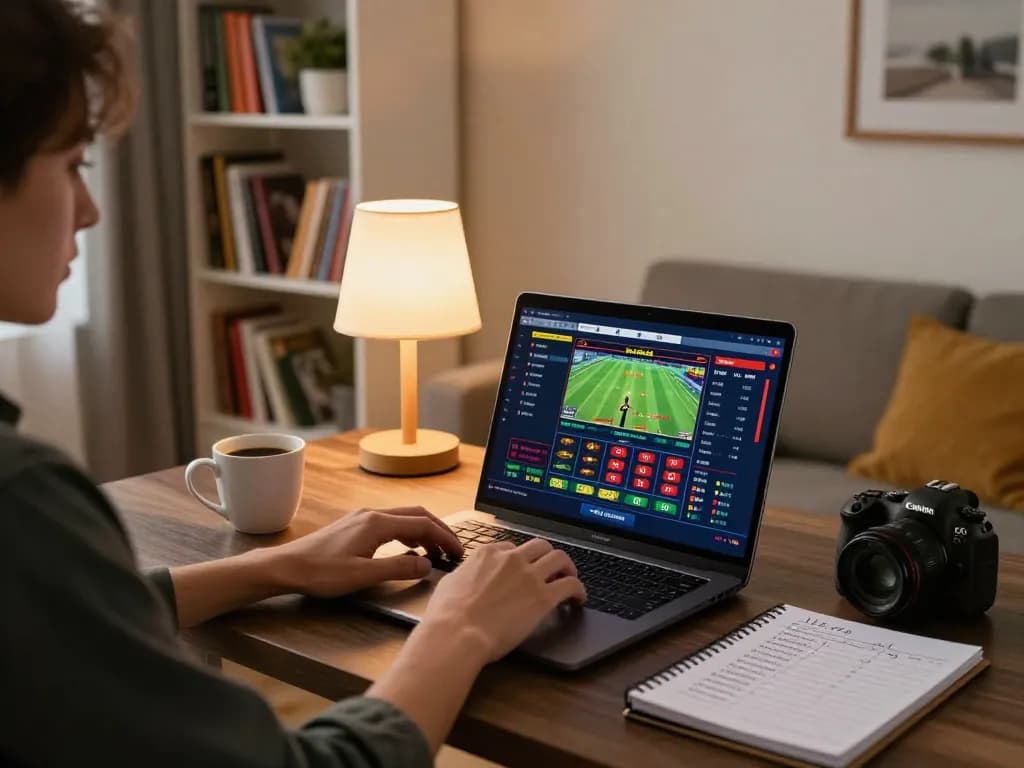 Engaging with kèo nhà cái on a laptop during a strategic online gambling session at home.