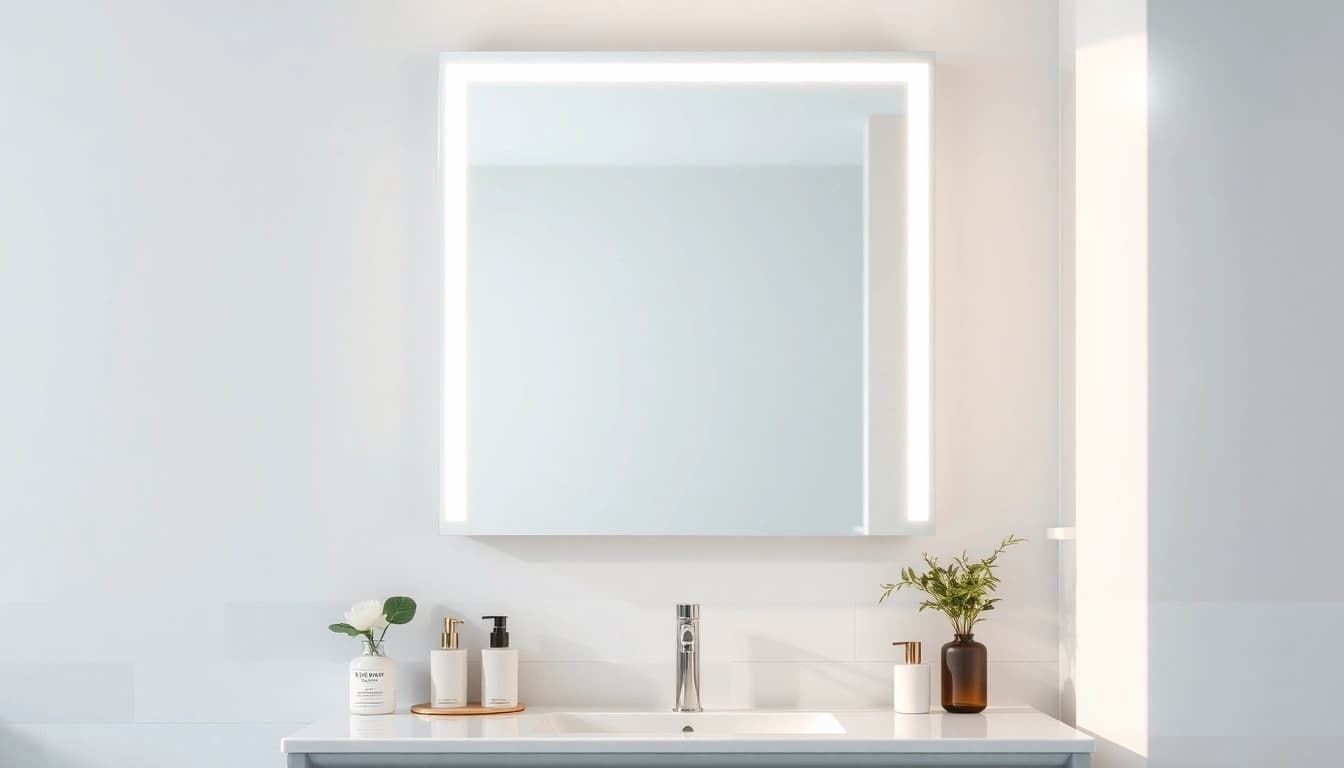 Featuring a mirror with Lights reflecting a modern bathroom's elegant design.