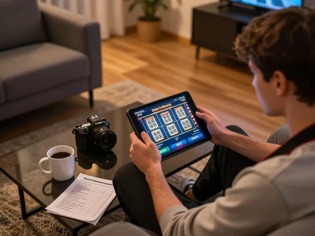 Engaging in online slot gameplay with a depo 10k strategy, featuring tablet interface and cozy gaming setup.