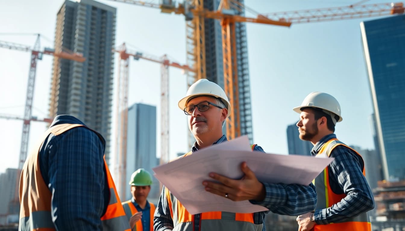 Manhattan Construction Manager instructing a team at a major urban construction site in NYC.