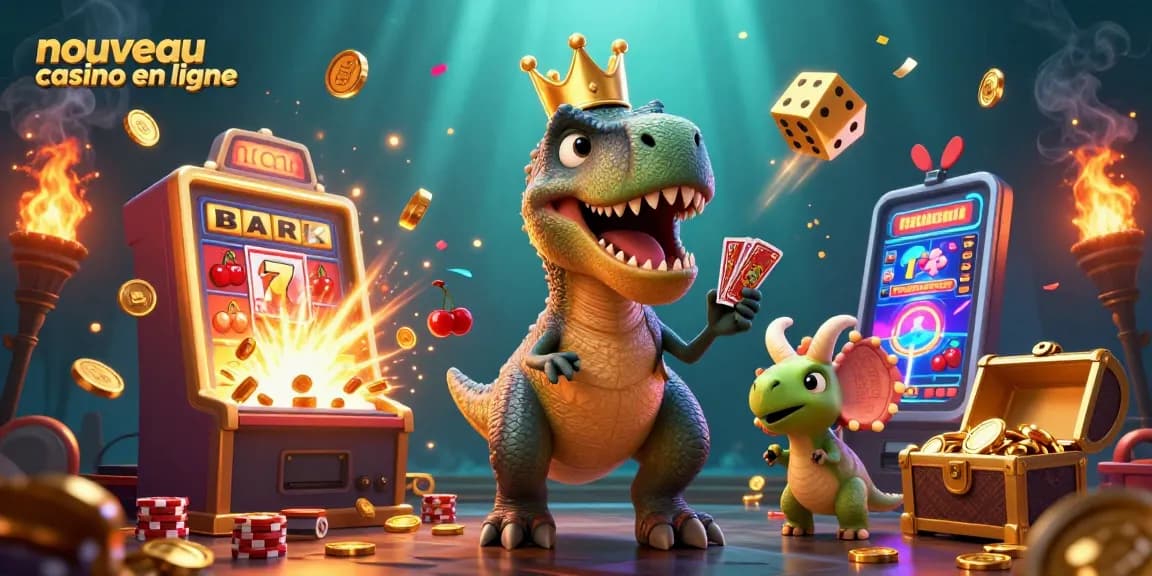 Nouvelle illustration de casino en ligne avec un T-Rex amical jouant aux cartes entouré de machines à sous et de richesses