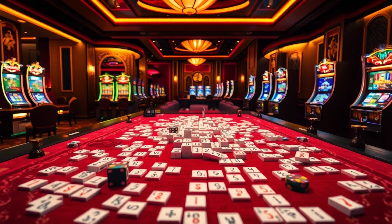 Engage in a thrilling game of link mahjong with luxurious casino tiles and vibrant ambiance.