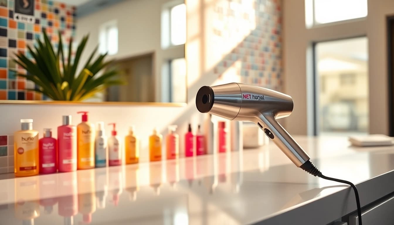 Styling with an ionic blow dryer showcasing its sleek design and premium features.
