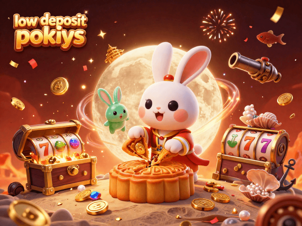 Players engage with low deposit pokies while enjoying a festive lunar scene filled with excitement and winnings.