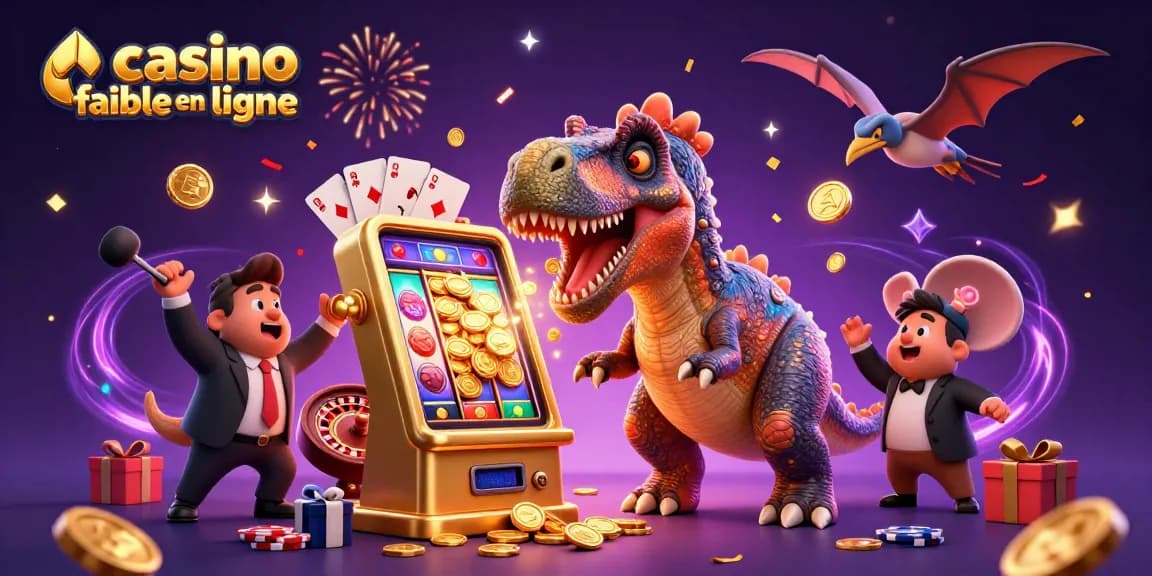 Visualisez une scène animée dans un casino fiable en ligne, où un pachycephalosaurus pousse une machine à sous, alors qu'un ankylosaure gère le chaos des pièces d'or.