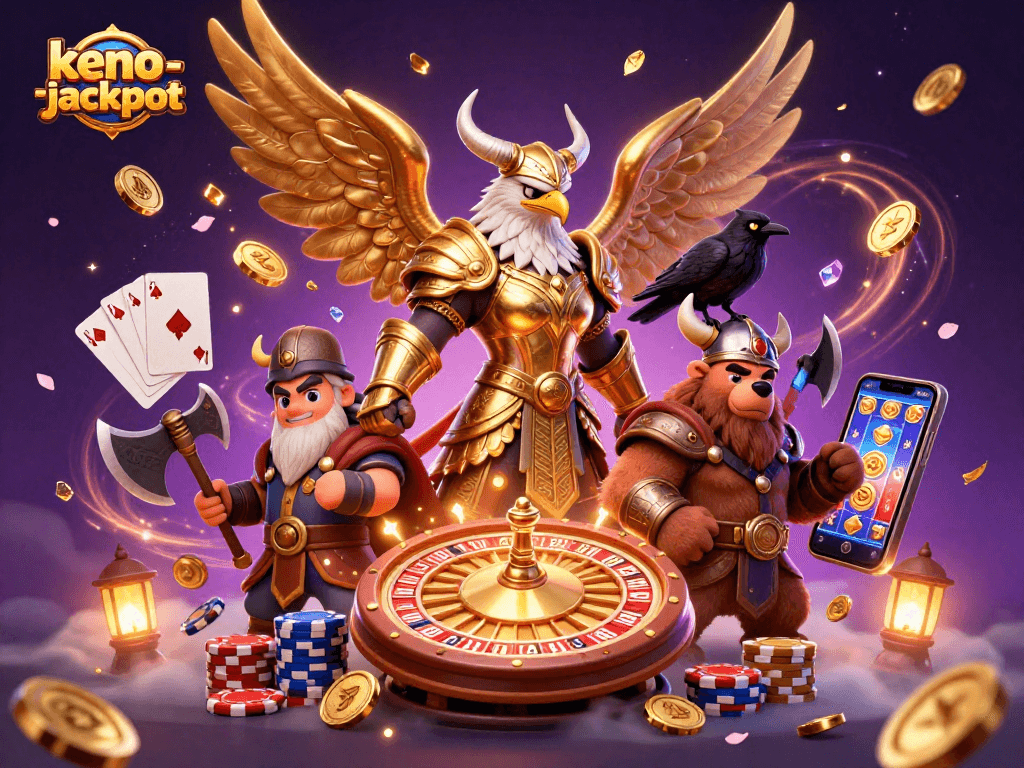 Experience exciting moments with keno-jackpot in a dynamic scene of gambling characters.