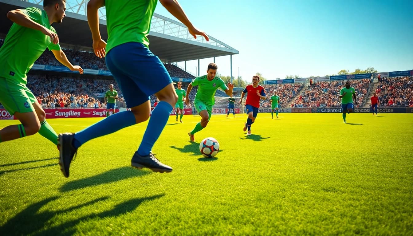 Players showcasing team football kits in an energetic match setting on a sunny day.
