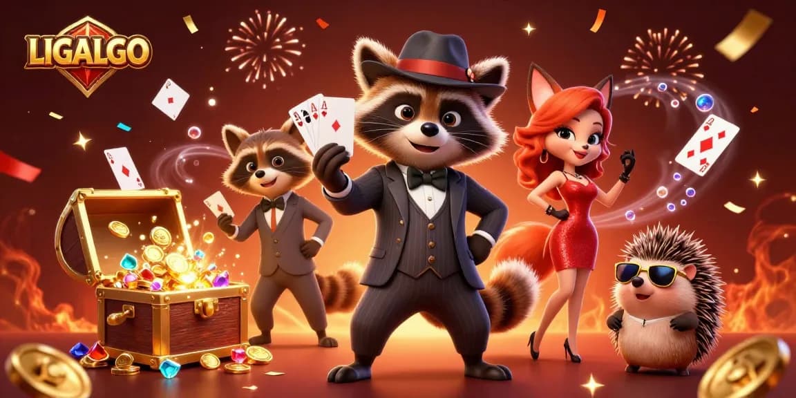 LIGALGO features a suave raccoon and fox in a lively casino scene, emphasizing poker action and vibrant visuals.