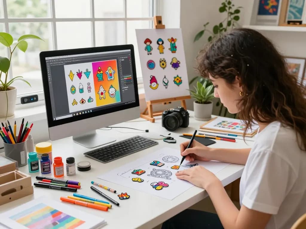 Custom acrylic pins being designed in a vibrant creative workspace with art supplies and natural light.