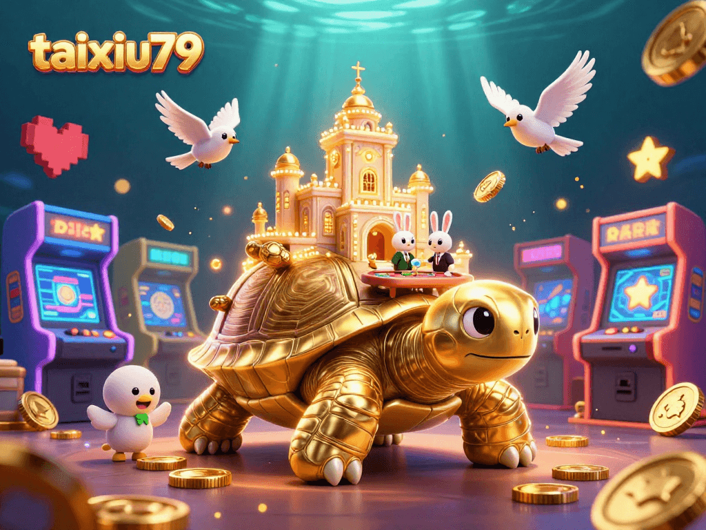 Engage with taixiu79's vibrant casino world featuring a golden tortoise and dazzling game elements.