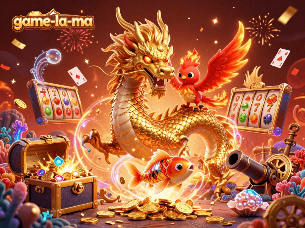 Join game-la-ma's thrilling casino world with a fierce dragon and phoenix in vibrant 3D illustration.