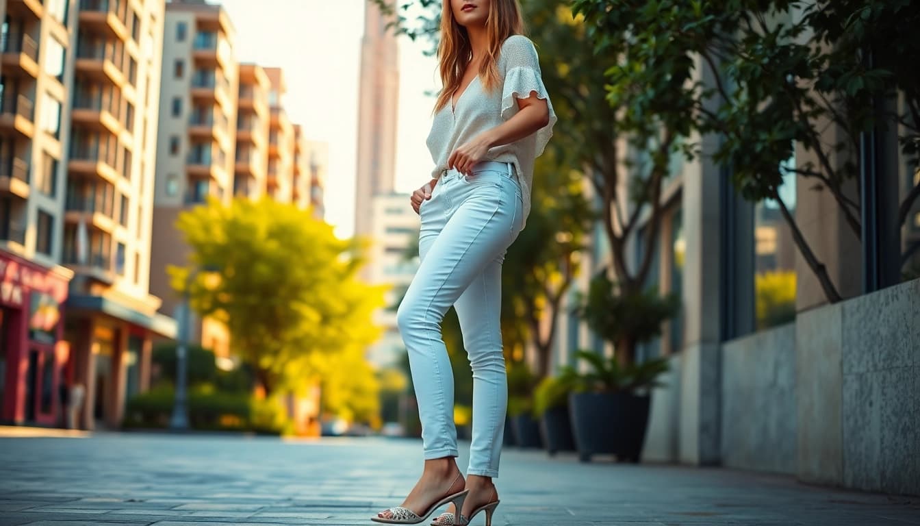 Stylish outfit showcasing white jeans women in a vibrant urban setting.