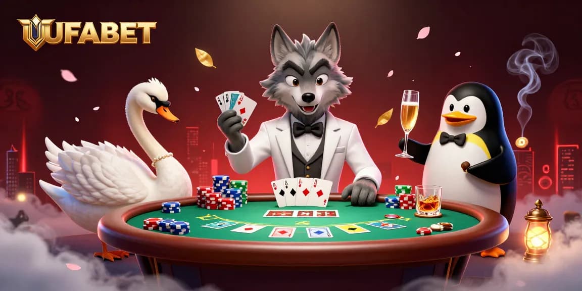 Experience the excitement at UFABET with a debonair wolf, an elegant swan, and a sophisticated penguin in a dynamic casino scene.