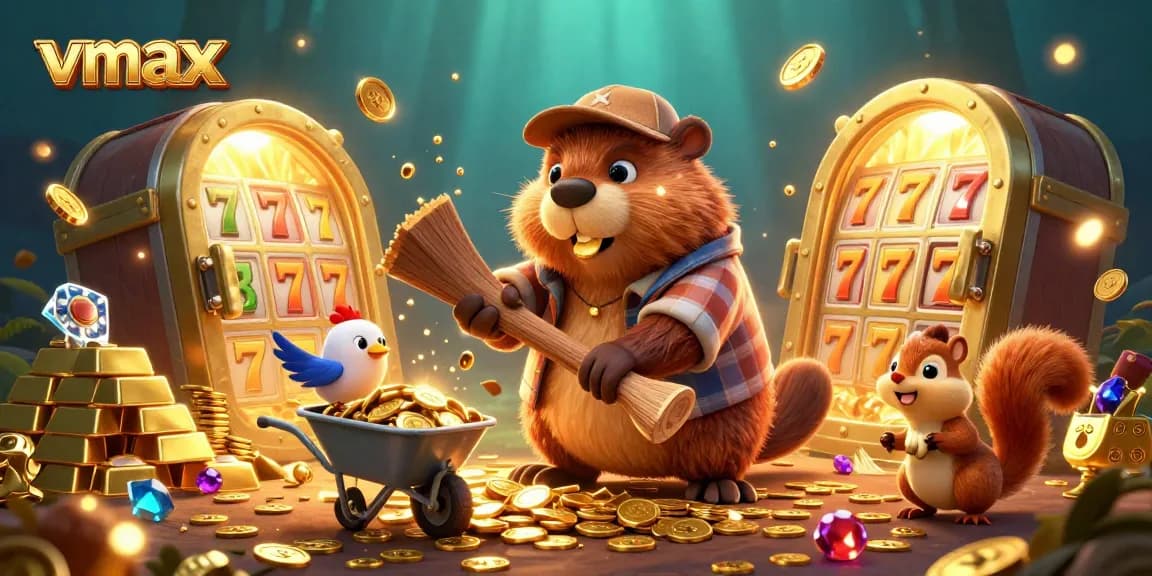 Experience the thrilling vmax casino adventure with a beaver, bird, and squirrel amidst a wealth of gold coins.