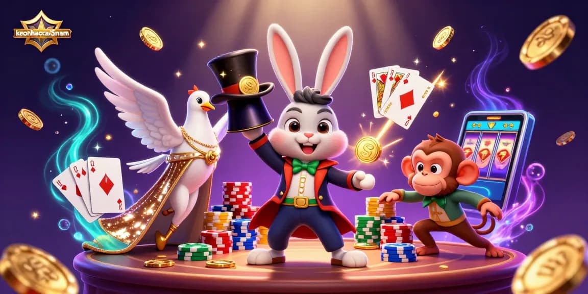 Engage with keonhacai5nam featuring a magical scene of a rabbit pulling coins, a dove, and a monkey among casino treasures.