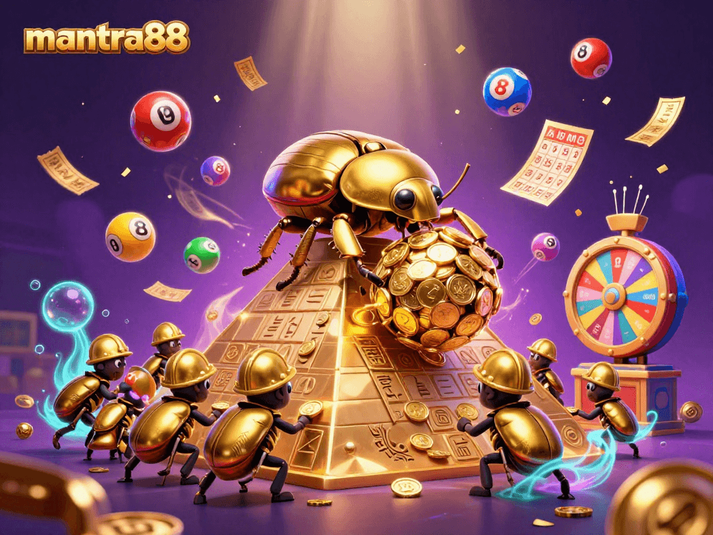 Win big at mantra88 with vibrant lottery elements and a fun casino theme in this 3D illustration.