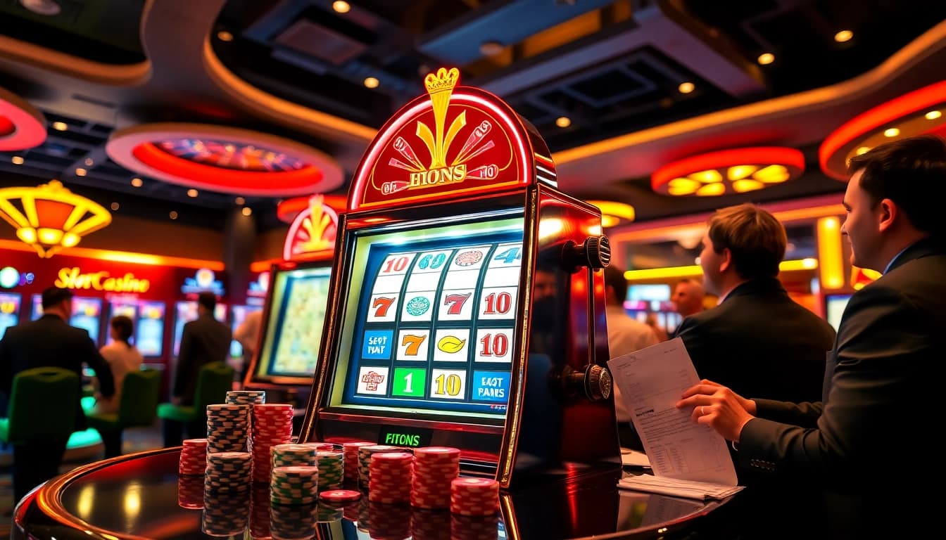 Pemain merasakan sensasi slot depo pulsa di mesin permainan kasino yang penuh warna, menampilkan aksi dan kemewahan.