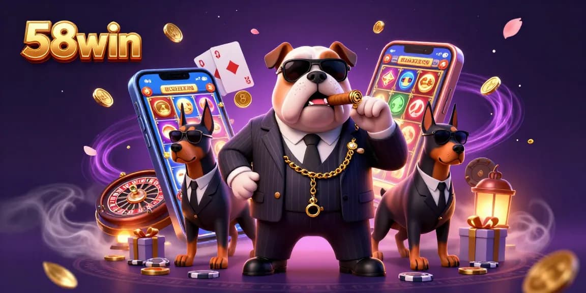Bet big with 58win as a mafia boss bulldog oversees thrilling slot games and poker action.