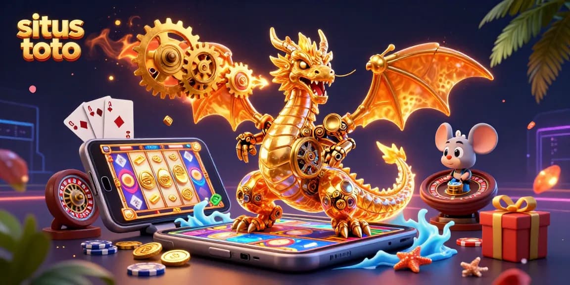Engage with situs toto on an immersive 3D illustration featuring a golden dragon and dynamic gaming elements.