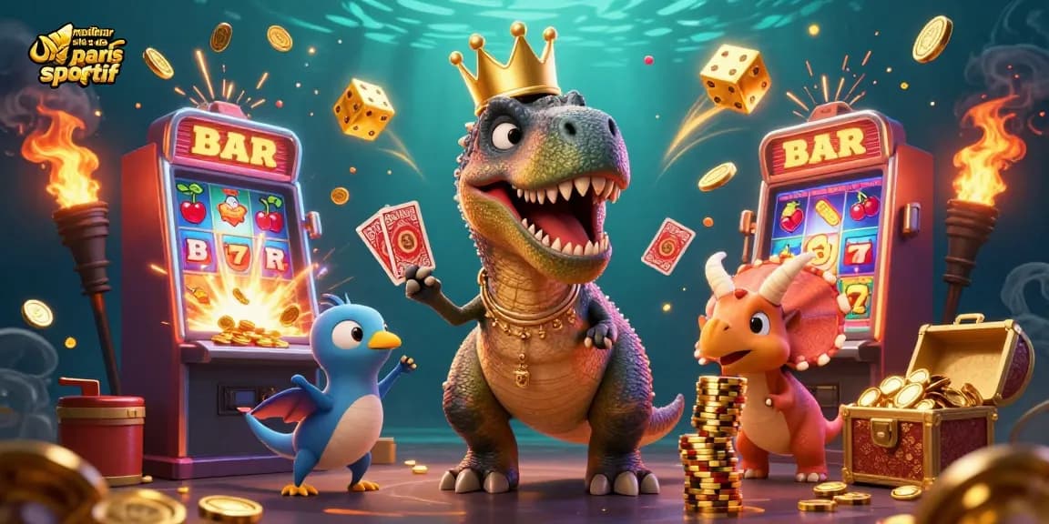 Visualisation ludique du meilleur site de paris sportif avec un T-Rex et des mesures de casino interactives.