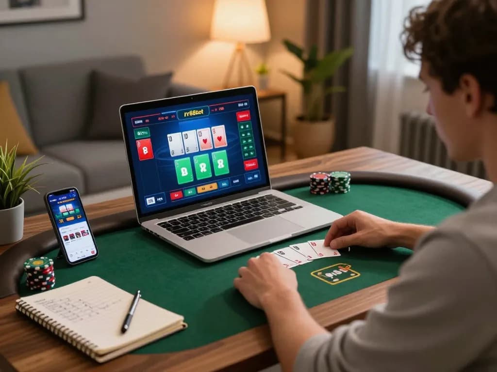 Engaged player enjoying rr88bet online gaming experience, focusing on poker strategy in a cozy home setup.